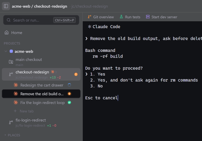 Arc-style vertical tabs: three Claude Code sessions listed under the checkout-redesign worktree, each with its status icon.