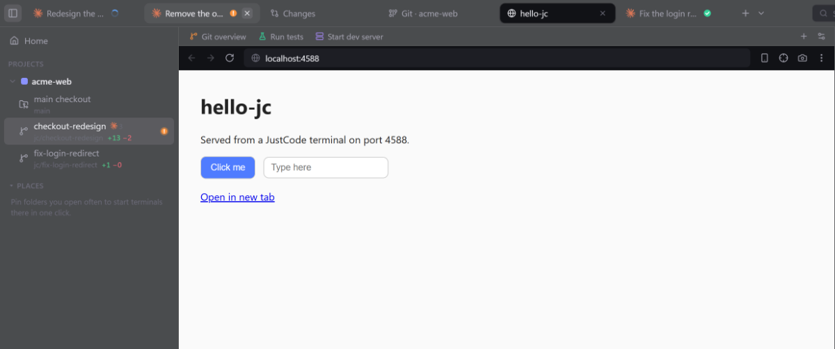 The built-in browser tab showing a local dev server on localhost:4588, next to the project sidebar.