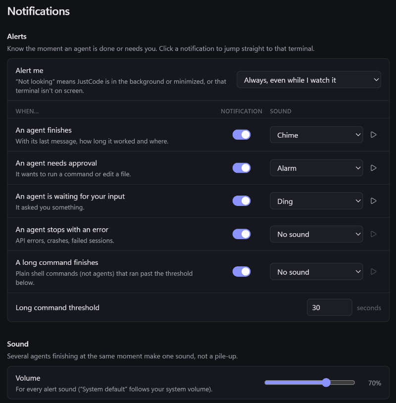 Notification settings: alerts for an agent finishing, needing approval, waiting for input, stopping with an error and long commands, each with its own sound, plus a volume slider.