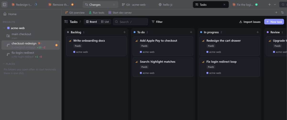 The Tasks board with Backlog, To do, In progress and Review columns.